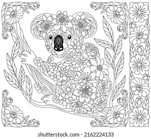 Adult coloring book page. Floral koala bear. Ethereal animal consisting of flowers and leaves