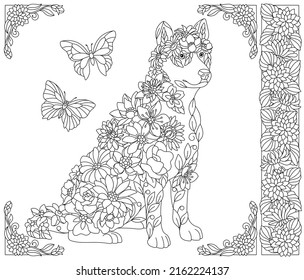 Adult coloring book page. Floral husky dog. Ethereal animal consisting of flowers, leaves and butterflies