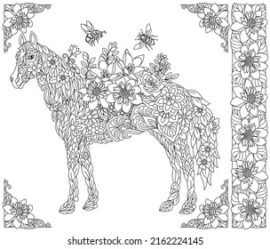 Adult coloring book page. Floral horse. Ethereal animal consisting of flowers, leaves and honey bees