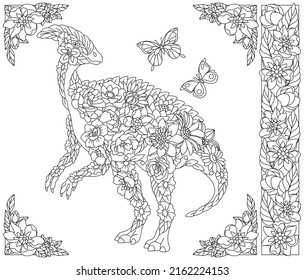 Adult coloring book page. Floral hadrosaurus dinosaur. Ethereal animal consisting of flowers, leaves and butterflies