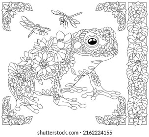 Adult coloring book page. Floral frog. Ethereal animal consisting of flowers, leaves and dragonflies