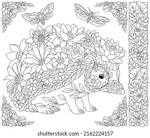 Adult coloring book page. Floral hedgehog. Ethereal animal consisting of flowers, leaves and butterflies