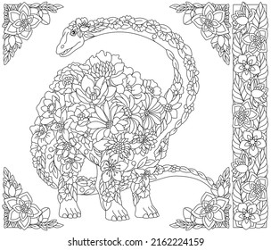 Adult coloring book page. Floral diplodocus dinosaur. Ethereal animal consisting of flowers and leaves