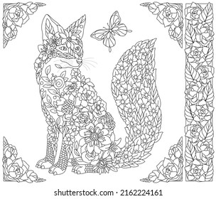 Adult coloring book page. Floral fox. Ethereal animal consisting of flowers, leaves and butterflies