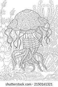 Adult coloring book page. Jellyfish and underwater background.