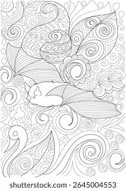 Adult coloring book page: Lazy stylized animal sleeping amidst complex abstract nature-inspired patterns and swirls, hand-drawn illustration.