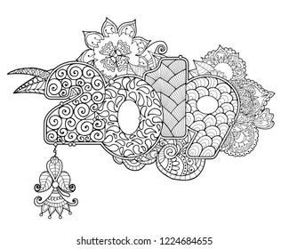 Adult coloring book page with lettering 2019 and and abstrct flowers and mandalas. Inscription dedicated to new year celebration