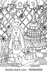 Adult coloring book page. Mono color black ink illustration, vector art. Xmas or Merry Christmas vertical postcard rabbit in new year interior. Vector illustration