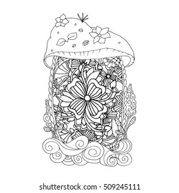 Adult coloring book page. Mono color black ink illustration, vector art. Fairy house with ornament. Vector illustration