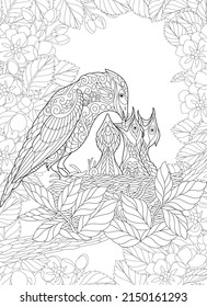 Adult coloring book page. Mother bird and her nestlings among spring flowers. 