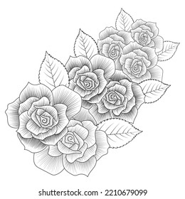 adult coloring book page of pink rose illustration with leaves and pencil sketch drawing. rose illustration doodle style art flowers of blooming petals. 
