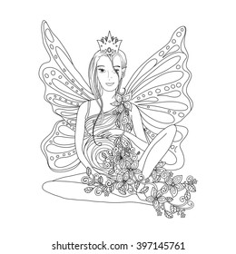 Adult coloring book page with Pregnant lady with wings, isolated on white. Pregnancy in zentangle style art.Black and white art work. Enchantress with crown on the head.