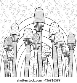 Adult coloring book page. Rainbow in Magic mushrooms forest whimsical line art. Hand drawn vector illustration colouring. Black outline.