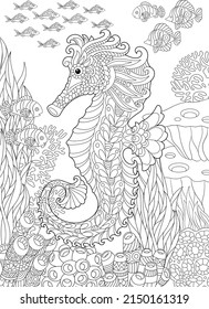 Adult coloring book page. Seahorse and underwater background.