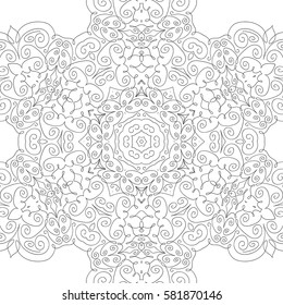 Adult Coloring Book Page. Seamless Lacy Pattern. Black and White Graphic Ornament made of Calligraphic Swirls. Flourish Endless Motive