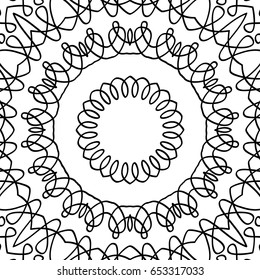 Adult Coloring Book Page. Seamless Lacy Pattern. Fretwork Ornament with Calligraphic Swirls. Black and White Delicate Motif for Tile, Fabric, Wallpaper, Textile,
