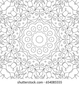 Adult Coloring Book Page. Seamless Lacy Pattern. Fretwork Ornament with Calligraphic Swirls. Black and White Delicate Motif for Tile, Fabric, Wallpaper, Textile,