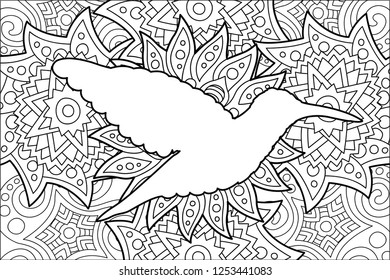 Adult coloring book page with silhouette of hummingbird on beautiful background