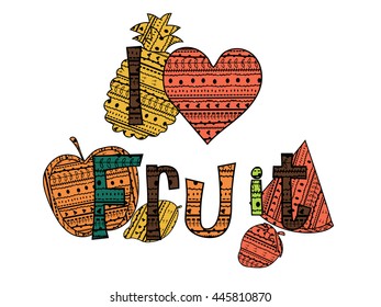 adult coloring book page, sticker and embroidery patches collection vintage style. Pin trendy label badge apple, watermelon, strawberry, pineapple, lemon, heart vector illustration decoration isolated