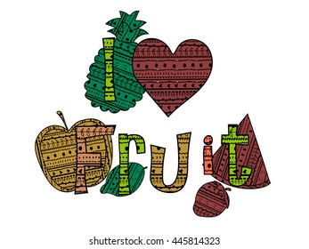 adult coloring book page, sticker and embroidery patches collection vintage style. Pin trendy label badge apple, watermelon, strawberry, pineapple, lemon, heart vector illustration decoration isolated