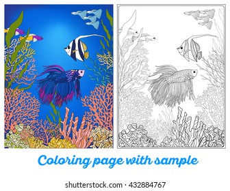 Adult coloring book. Coloring page with underwater world coral reef with colored sample. Corals, fish and seaweeds.  Outline vector illustration.