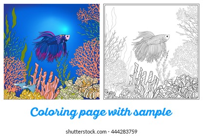Adult coloring book. Coloring page with underwater world coral reef with colored sample. Corals, fish and seaweeds.  Outline vector illustration.
