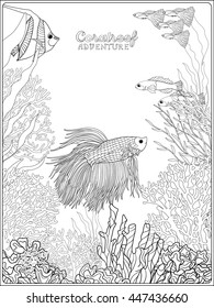 Adult coloring book. Coloring page with underwater world coral reef. Banner with space for text. Corals, fish and seaweeds.  Outline vector illustration.