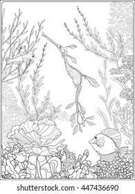 Adult coloring book. Coloring page with underwater world coral reef. Corals, fish and seaweeds.  Outline vector illustration.