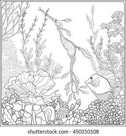 Adult coloring book. Coloring page with underwater world coral reef. Corals, fish and seaweeds.  Outline vector illustration.