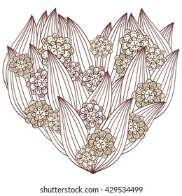 Adult coloring book page whimsical line art Heart with floral elements. Vector illustration, brown outline.