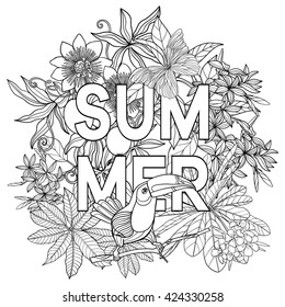 Adult coloring book. Coloring page with word "summer" and tropical birds and plants. Outline vector illustration.