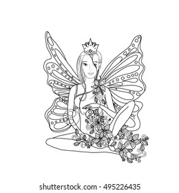 Adult coloring book page,isolated fairy lady with butterfly wings. Zentangle style art. Black and white monochrome graphic. Can be used for yoga club wallpaper design