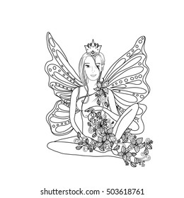 Adult coloring book page,isolated fairy lady with butterfly wings. Zentangle style art. Black and white monochrome graphic. Can be used for yoga club wallpaper design