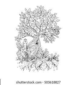 Adult coloring book page,isolated fairy lady with butterfly wings. Zentangle style art. Black and white monochrome graphic. Can be used for yoga club wallpaper design