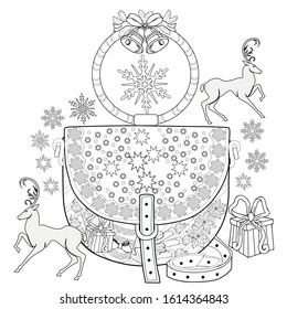 Adult coloring book. Stress relieving. Christmas Bag with deers and snowflake.