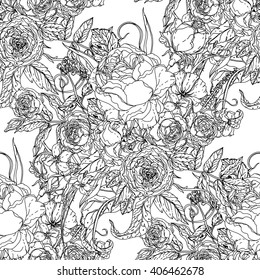 Adult coloring book style Seamless roses pattern  for adult coloring book in famous zenart style. Hand-drawn, retro, doodle, vector, uncoloured. The best for design, textiles, coloring book in vector.