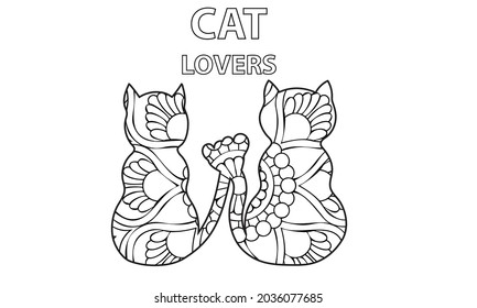 Adult coloring book. Two cute cats. Line art design for antistress colouring pages in zentangle style. Vector illustration.