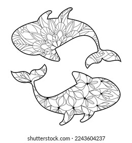 Adult coloring book of whale. Line art design for antistress colouring pages in zentangle style