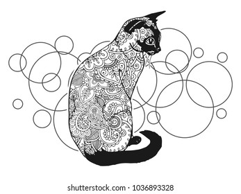 Adult coloring book,page of a cat with ornamental background for relaxing. Stress released method. Zen art style illustration.