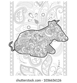 Adult coloring book,page of a cow with ornamental background for relaxing. Stress released method. Zen art style illustration.
