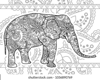 Adult coloring book,page of a elephant with ornamental background for relaxing. Stress released method. Zen art style illustration.