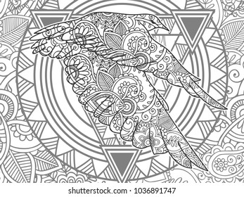 Adult coloring book,page of a flying bird with ornamental background for relaxing. Stress released method. Zen art style illustration.