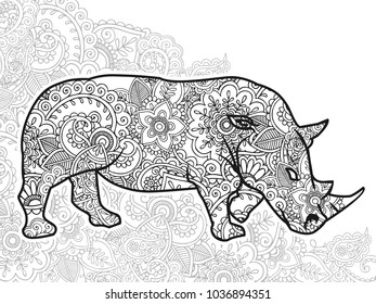 Adult coloring book,page of a rhino with ornamental background for relaxing. Stress released method. Zen art style illustration.