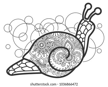 Adult coloring book,page of a Snail with ornamental background for relaxing. Stress released method. Zen art style illustration.