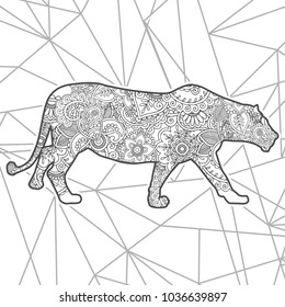 Adult coloring book,page of a tiger with ornamental background for relaxing. Stress released method. Zen art style illustration.