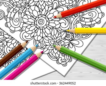 Adult coloring concept with pencils, printed pattern. Illustration of trend item to relieve stress and creativity.