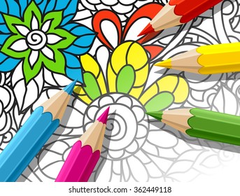 Adult Coloring Concept With Pencils, Printed Pattern. Illustration Of Trend Item To Relieve Stress And Creativity.