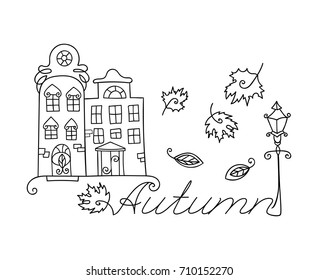 Adult coloring cute houses and Autumn inscription for coloring book. Anti-stress coloring for adults. Vector illustration.