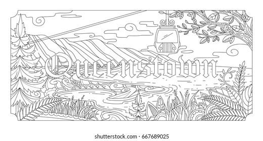 Adult Coloring Illustration of Queenstown Letter