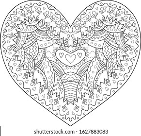 Adult coloring page for anti stress art therapy with editable line. Beautiful patterned heart in tangled style. Template for t-shirt, tattoo, poster or cover. Colouring book for Valentines day.